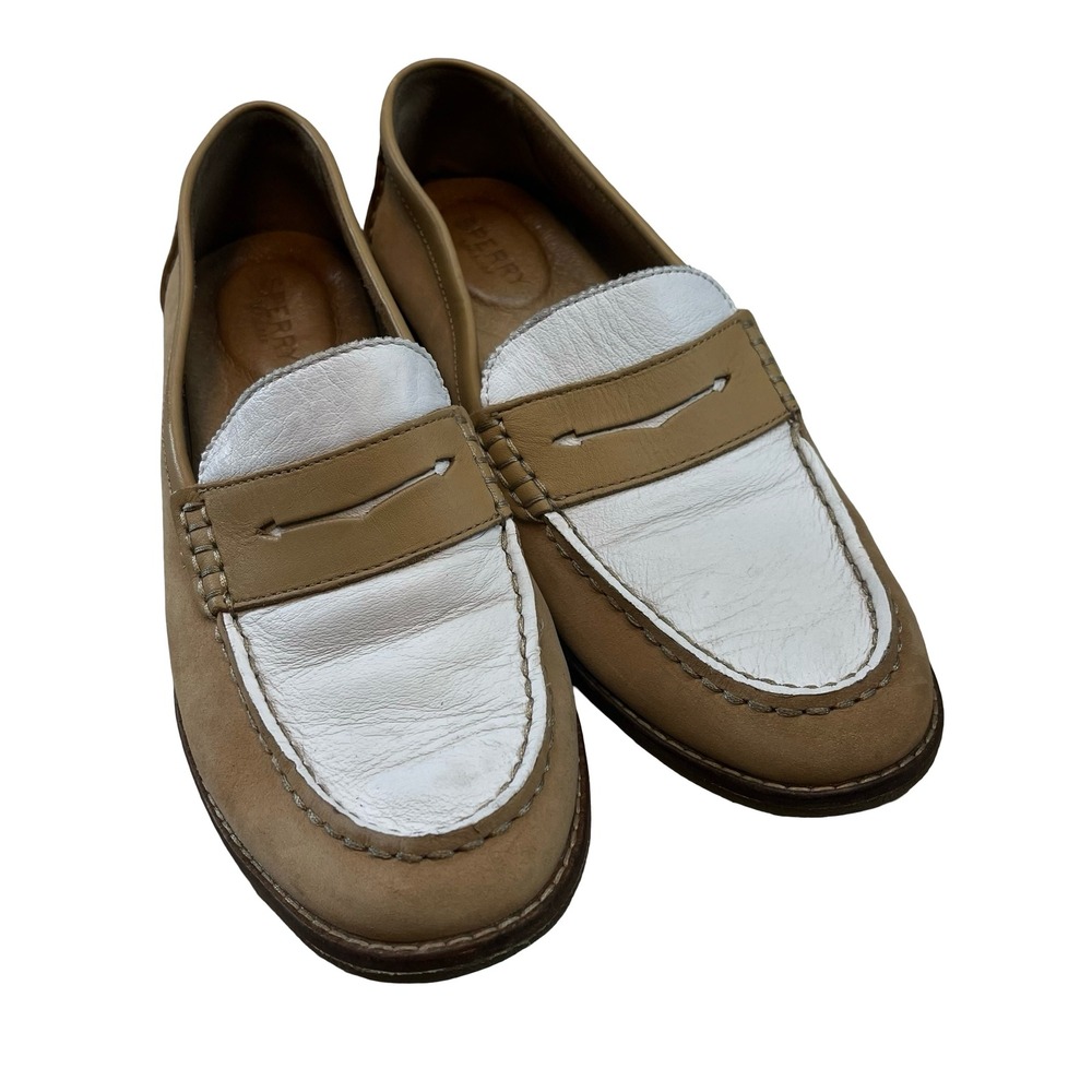 Sperry Womens Seaport Penny Loafers Tan White Leather Preppy Slip On STS83410 9